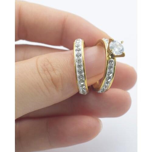 Newest Gold Color One Pair Engagement Rings Set For Women Romantic Inlay Rhinestone Lady Zircon Wedding Rings Jewelry