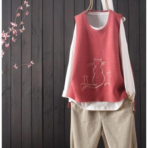 Cute Lovely Cat Embroidery Pullovers Loose Casual Sleeveless Sweater Vest For Women Autumn Waistcoat Knitwear Sueter Mujer 2021
