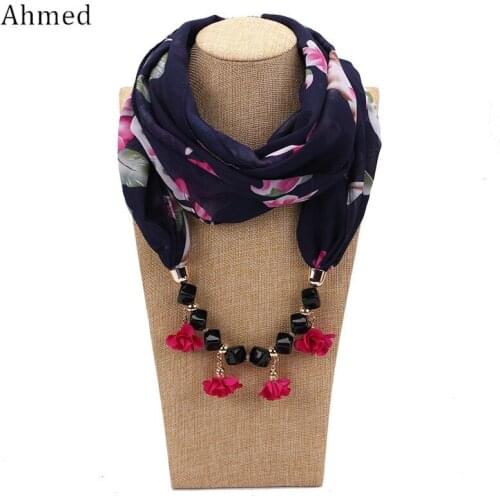 Ahmed Bohemian Printed Flower Pendant Beads Scarf Necklace for Women New Design Scarves Statement Collar Necklace Jewelry