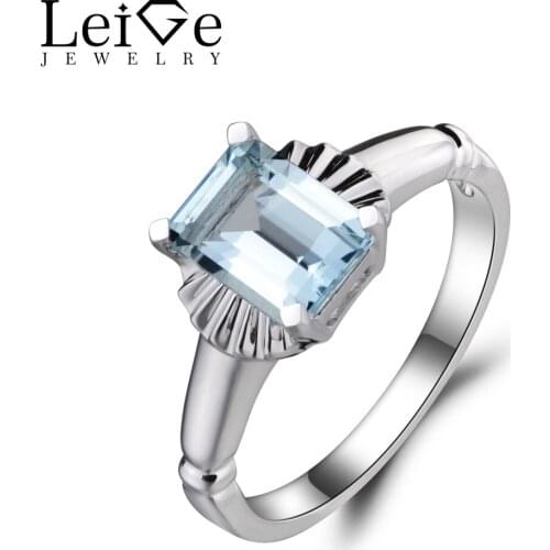Leige Jewelry Emerald Cut Aquamarine Ring Anniversary Ring Blue Gemstone 925 Sterling Silver March Birthstone Solitaire Ring