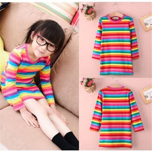2-7 Years Girls Dresses Spring Autumn Long Sleeve Rainbow Dresses For Girls Kids Striped Casual Mini Dress Girls Party Clothing