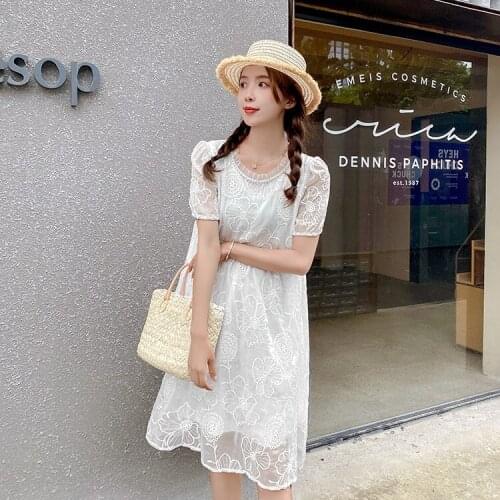 22767# Maternity Clothes Summer Short Sleeves Lace Patchwork Loose Stylish Dress Pregnant Women Mom Dress