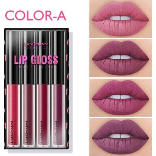 4Pcs Lip Gloss Gift Sets Matte Long Lasting Lip Glaze Moisturizing Waterproof Non-stick Cup Liquid Lipsticks Cosmetics Kit TSLM1