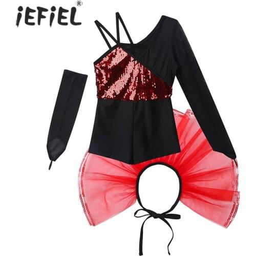 Kids Girls Dance Set Mesh Shiny Sequins Ballet Dance Gymnastics Leotard Shorty Dance Costume with One Arm Sleeve Mesh Tutu Skirt