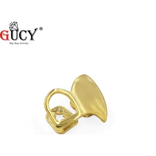 GUCY Hip Hop Double Cap Fang Grillz Yellow Gold Color Plated Canine Two Tooth Upper Top Left Fangs Hollow Vampire Teeth Grills