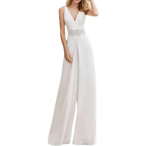 Elegant White Jumpsuits Women Deep V Neck High Waist Wide Leg Pants Rompers Women 21 Summer Slim Chic Jumpsuits Female LD2008