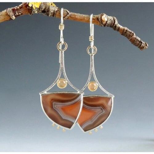 Tribal Ethnic Triangle Resin Drop Dangle Earrings Boho Jewelry Two Tone Metal Peach Color Crystal Wedding Earrings