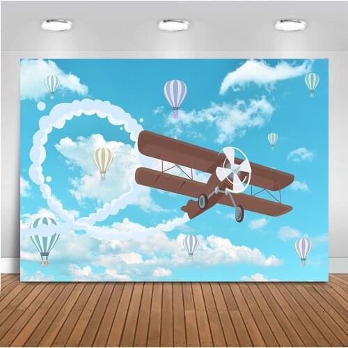 Neoback Newborn Baby Shower Photo Background Blue Sky and Airplane Party Decoration Banner Hot Air Balloon Backdrops 424