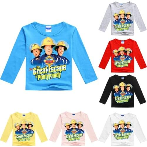 New Spring Summer Cartoon Fireman Sam Print Baby Boys T Shirt Kids Clothes Children Long Sleeved T-shirts Girls Cotton Tops Tees