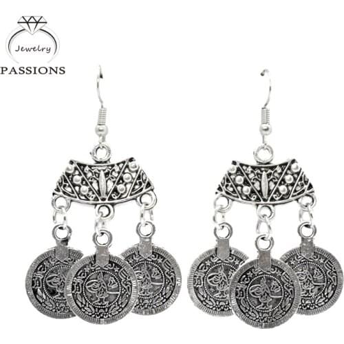 Hot Sale Bohemian Ethnic Drop Earrings Maxi Brincos Lovely Coin Tassel Retro Antique Silver Color Earings Women Jewelry Gift