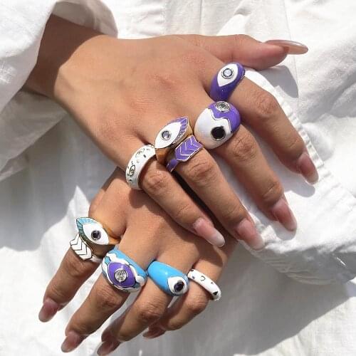 HangZhi 2021 New Punk Blue Purple Dripping Oil Colorful Rhinestones Chunky Geometric Abstract Eyes Ring for Women Girls Jewelry