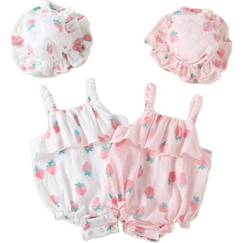 Cute Newborn Infant Baby Girl Strawberries Floral Print Princess Romper + Sun Hat 2 pcs Clothes Outfits Set