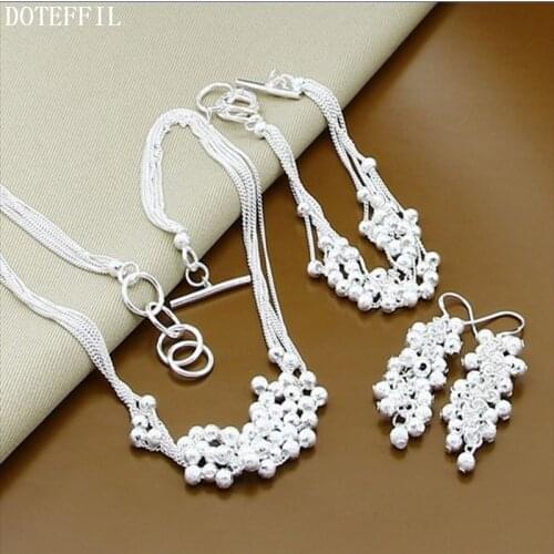 DOTEFFIL 925 Sterling Silver Matte Beads Earring Bracelet Necklace Set For Woman Wedding Engagement Party Fashion Charm Jewelry