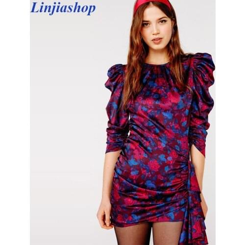 Endless mini dress tinsel floral print 2019 new autumn puff sleeve ruffles elegant slim party wrap dress