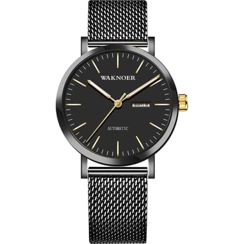WAKNOER Top Brand Luxury Simple Calendar Stainless Steel Men Mechanical Automatic Wrist Watches High Quality Date Wristwatch