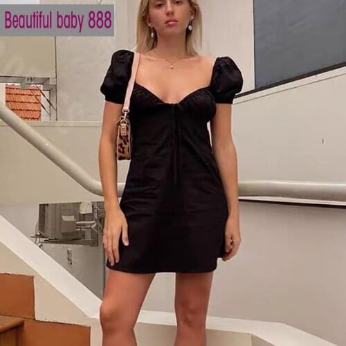Meqeiss new puff sleeve sexy low collar slim black dresses woman elegant simple high street female fashion party club mini dress