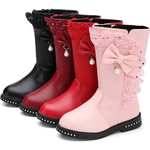Autumn Kids single boots childrens snow boots winter warm girls boots Leather fashion princess boots plus velvet lace bow shoes