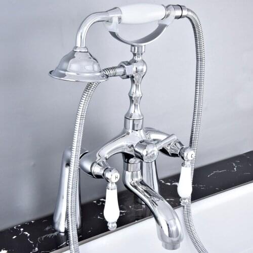 Polished Chrome Deck Mounted Bathroom Tub Faucet Dual Handles Telephone Style Hand Shower Clawfoot Tub Filler atf759