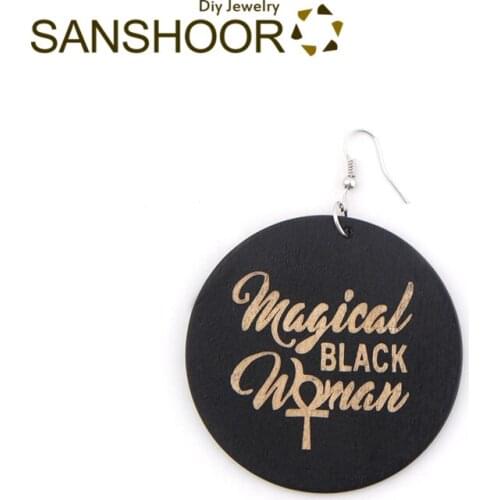 SANSHOOR Afro Engraved Wooden Dangle Earrings Magical Black Woman Bohemian Jewelry For Indians Americans As Women Gifts 1Pair