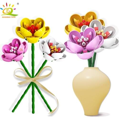 HUIQIBAO 3 Colors Shrub Althea Flower Bouquet Building Blocks City Ideas MOC Imitation Plant Brick Construction Children Toys