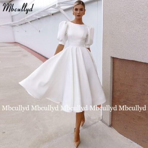 Mbcullyd Short Wedding Dresses For Bride 2021 Knee Length Satin White Puff Sleeves Bridal Gowns A-line France Open Back