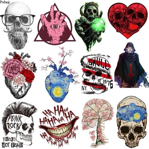 Pulaqi Iron On Transfer Punk Skull Patches Van Gogh Thermal Stickers On Clothes Heart Patches For Clothing Punk Applique DIY