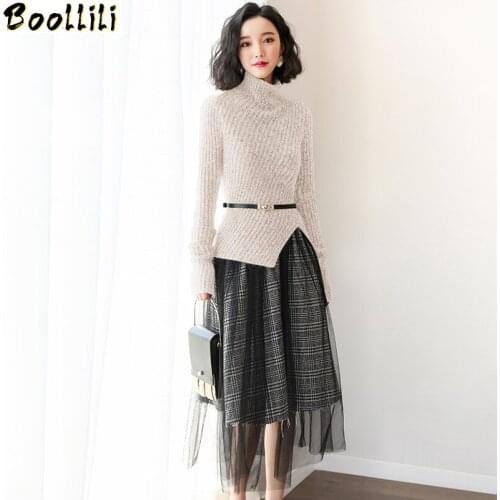 Spring Two Piece Set for Womens Korean Knit Dress Temperament Mesh Long Sleeve Dress Women Two Piece Outfits Sweater Dress