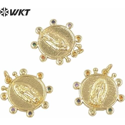 WT-MP148 Colorful cubic zircon round pendant metal holy mary jewelry pendant full gold plated mother of god religious pendant