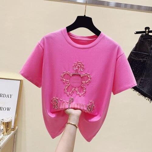 New Korean Letter printing Beading Summer Fashion T Shirt Women Tops Loose Short sleeve Women Tshirt 2021 graphic t shirts