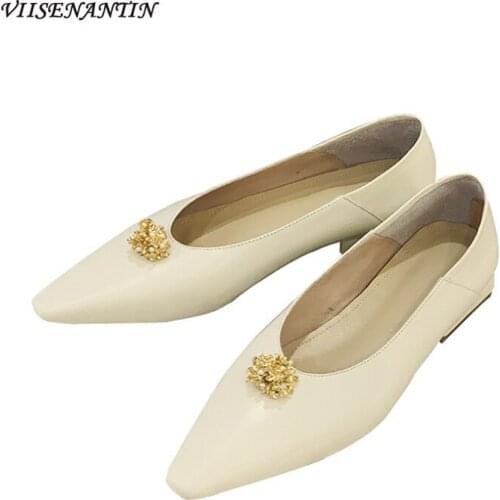 Flower metal buckle soft leather pointed toe shallow shoes women