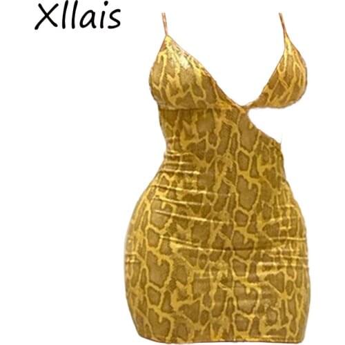 XLLAIS Print Party Yellow Strap Dresses For Women Sexy Summer Backless Bodycon Slim Mini Vestidos Femme Robe Birthday Suits