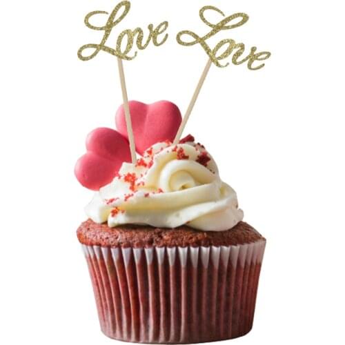 10 / Set Golden LOVE Glitter Paper Cake Toppers Cupcake Dessert Picks