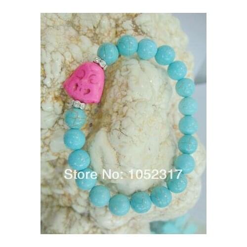 10mm Stone howlite Bead inlay Pink Buddha Head Shining Rhinestone Bracelet Elasticity Adjustable Style