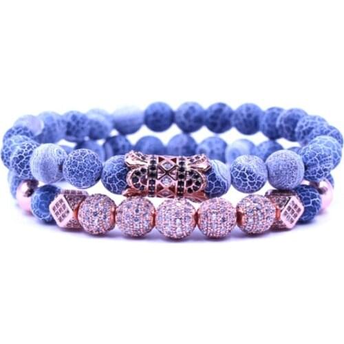 8mm 2PCS/Set rose gold th35 elastic adjusted nature grey weathering agate micro pave cz zircon cubic zirconia tube Bracelet