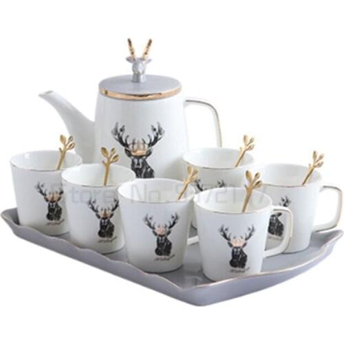 8pcs Nordic Art Deer Head Luxury Phnom Penh Coffee Cup High-grade Ceramic Home Afternoon Tea Set Set Home Office Supplies Gifts