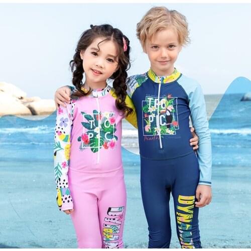 Boys and Girls one piece swimwear with long sleeved suit with hat children high qulity conjoined swimsuit for 3-12 years