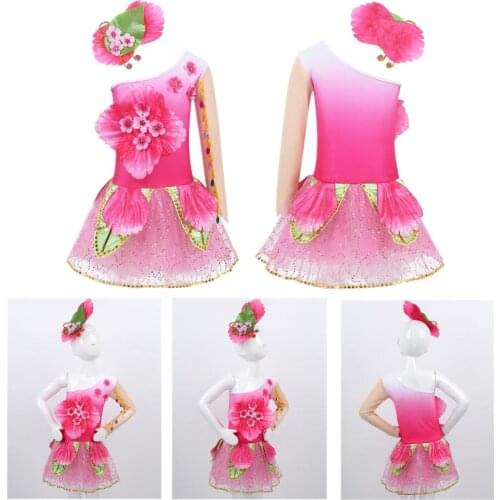 Kids Girls One-Shoulder Long Sleeves 3D Flower Mesh Ballet Tutu Dress Modern Salsa Ballroom Performance Dance Costume