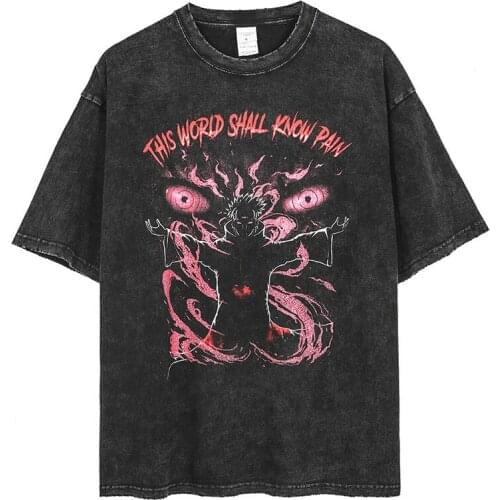 Anime Pain Printed T-Shirt Men Retro Washed 100% Cotton 0-Neck Tops Harajuku Tees 2021 Streetwear Hip Hop Male Couples T Shirts