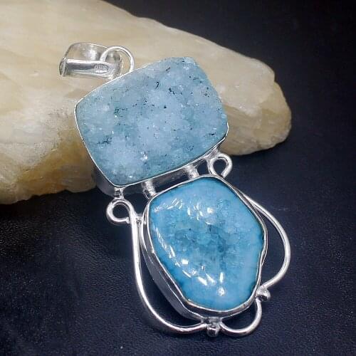 Gemstonefactory Jewelry Big Promotion Single Unique 925 Silver Blue Druzy Drusy Quartz Women Lady Necklace Pendant 20210240