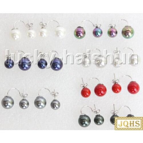 JQHS twin 10mm round black white blue Multicolor south sea shell pearls Earrings j11463