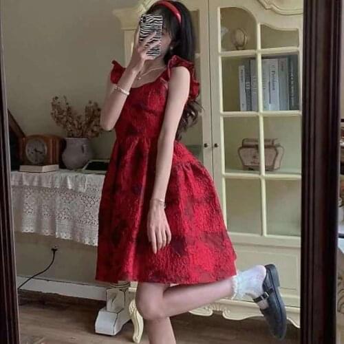 Red Sweet First Love Suspender Dress Teens Girl Fairy Gentle Wind French Retro Design Feeling Graduation Dresses Teenager