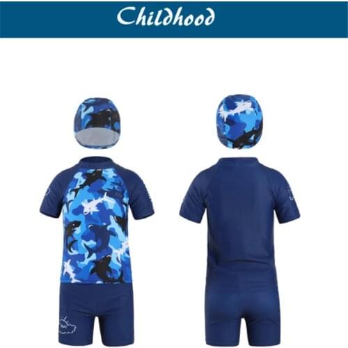 2021 New Korean Cartoon Boy Swimwear Children Graffiti Shark Suit Big Kids Cute Short-Sleeved Sunscreen Swimsuit 수영복