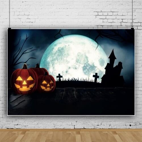 Laeacco Dark Black Wood Floor Castle Halloween Festivals Pumpkin Moon Night Party Kid Scenic Photo Background Photo Backdrop