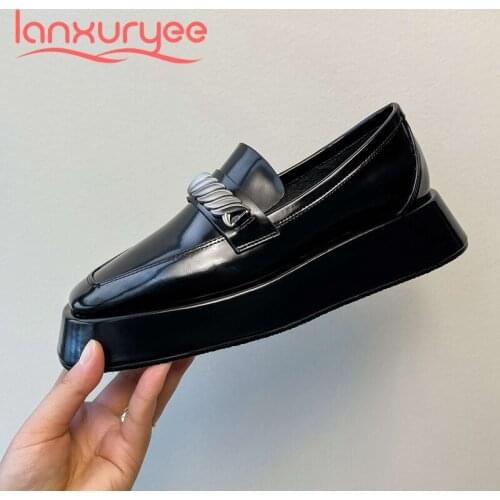 Lanxuryee 2021 spring newest split leather square toe thick bottom chain decoration slip on leisure women vulcanized shoes L09