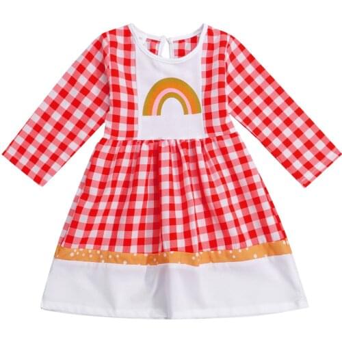 Summer Baby Princess Long Sleeve Dress with Plaid Rainbow Pattern High Waist Version Spring Clothing 1-5T