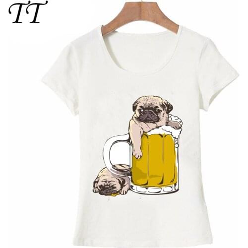 Newest fashion womens short sleeve Like beer T-Shirt super cute pug design shirts casual Tops hipster girl Tee