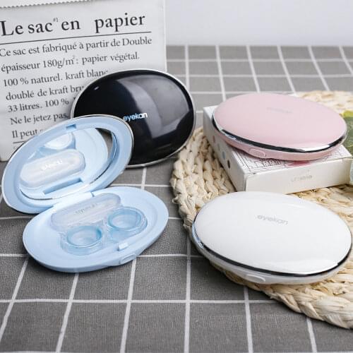 Oval Contact Lens Case with Mirror Solid Color Portable Compact Powder Box Cosmetic Contact Lenses Storage Case