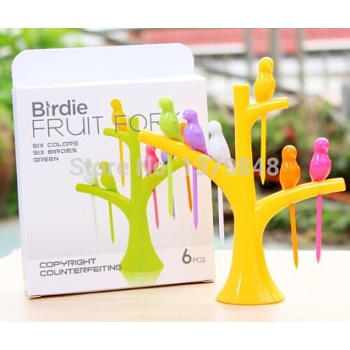 Desktop stylishly decorated plastic fruit fork fruit trees stand sign birdie fruit fork
