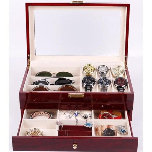 Luxury Wooden Watch Jewelry Box Double Layer Red Wine Jewelry Watches Glasses Display Storage Box Organizer Wood Case Gift Box