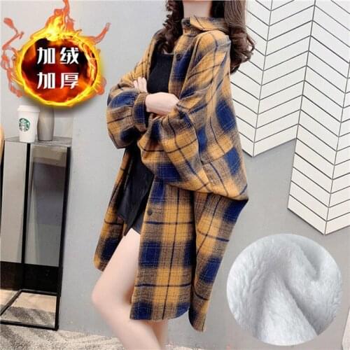 Shirt Womens Autumn and Winter Temperament Sweet and Age-reducing Thickening Plus Velvet Long-sleeved Warm Plaid Shirt Jacket